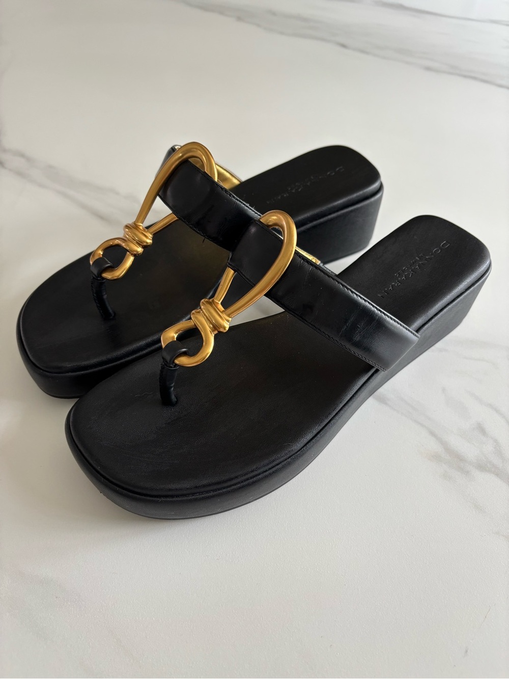 Donna Karan Black Leather Thong Mules with Gold Hardware